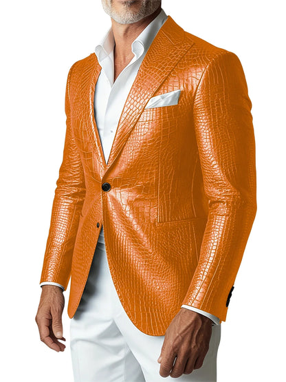 Men's Crocodile PU Leather Blazer Jacket Vintage Single Breasted Suit Coat Fashion Party Wedding Business Casual Outerwear