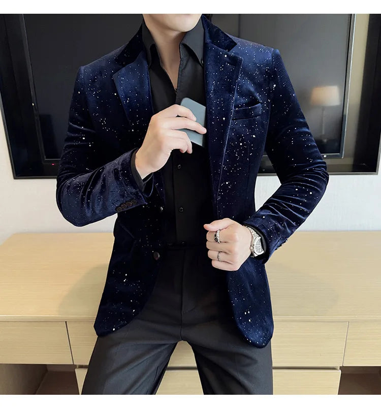High Quality Velvet Bronzing Suit Coats Mens Sparkle Elegant Slim Business Suits Jacket Homme Formal Social Prom Party Tuxedos
