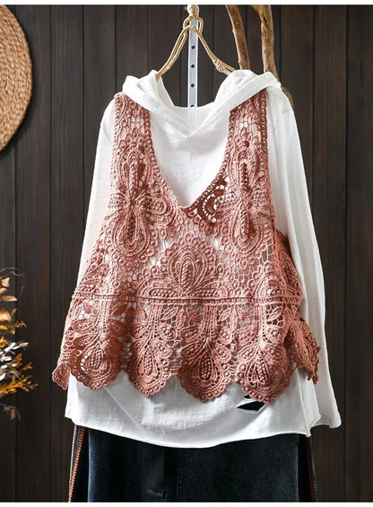 Summer Femme Lace Cotton Lined Vest Spring Women Fashion Knitted Crochet Sleeveless French Lady Hollow-out Sweater Waistcoat Top