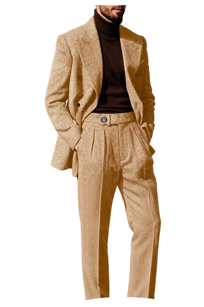 Men's Herringbone Suit 2-Piece Set – Double Breasted Blazer & Trousers for Wedding & Business