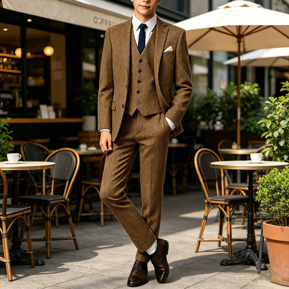 3-Piece Suit Men Herringbone Tweed Slim Fit Blazer Vest Pants Set for Wedding Business Formal