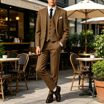 3-Piece Suit Men Herringbone Tweed Slim Fit Blazer Vest Pants Set for Wedding Business Formal