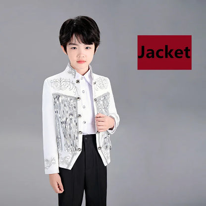 Boys Sequenant 2 Pieces/Set Jacket Pants Embroidery Paino Host Performance Dress Kids Stage Show Photography Suit Children's Set
