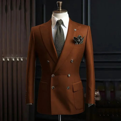Solid Blazer for Men Peak Lapel Double Breasted Dinner Jacket Elegant Smoking Slim Fit Suit Coat for Wedding/Business Banquet