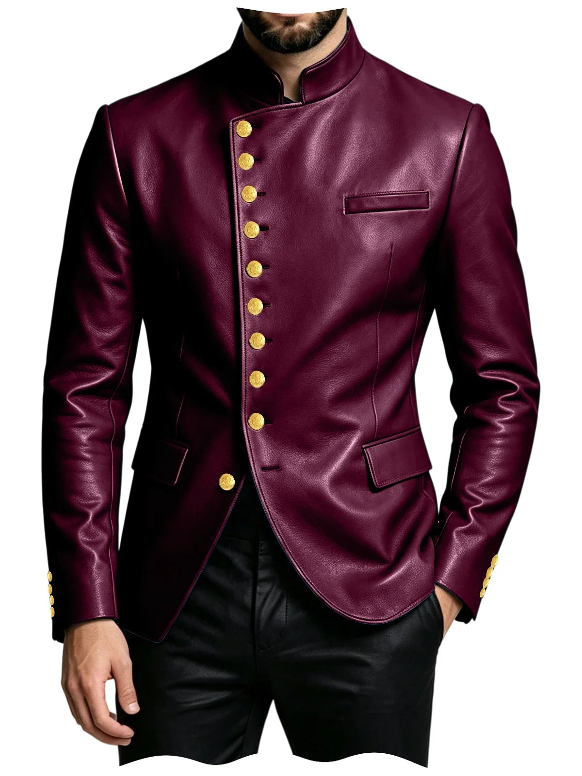 Luxury PU Men's Suit Blazer Single Breasted Stand Collar Slim Fit Leather Jacket Vintage High Quality Business Party Male Tuxedo