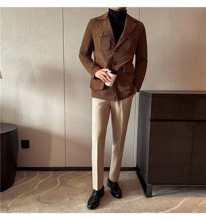 Autumn Winter Corduroy Medium Long Hunting Jacket Men's Fashion Thick Suit Jacket Casual Business Blazers Social Streetwear 2025