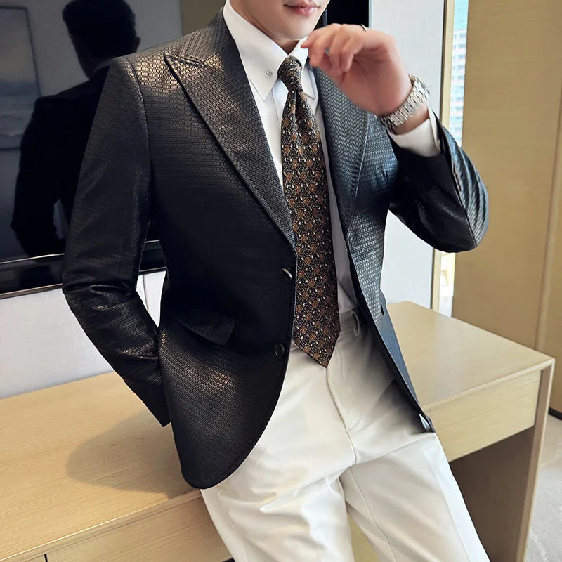 Korean Waffle Leather Suit Jacket Men's Business Casual PU Leather Blazer Slim Fit Wedding Groom Office Social Formal Coats 2026
