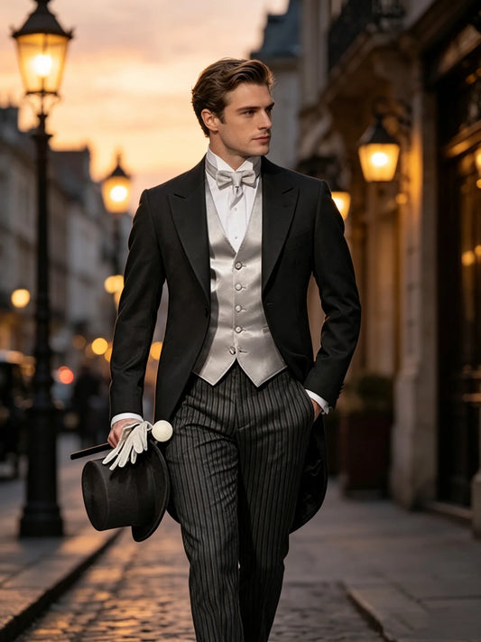 Mens Tuxedo Tailcoat Formal Dress Suits Swallow Tail Coat Black Male Jacket Vest Pants Party Wedding Dance Magic Performance