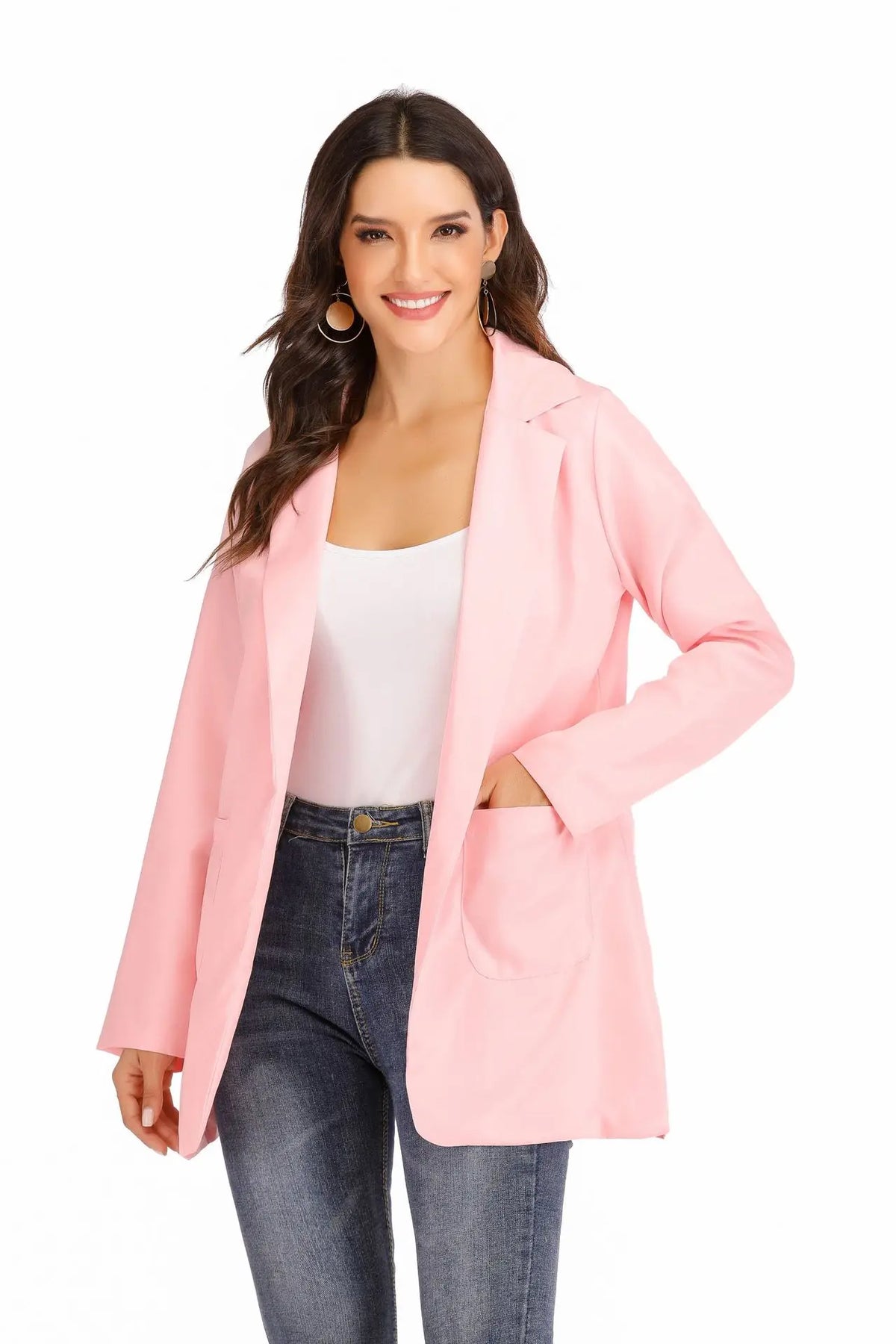 Women's Casual Blazer Notched Lapel Long Sleeve Open Jacket with Pockets Slim Fit Spring Autumn Office Lady Streetwear Coat