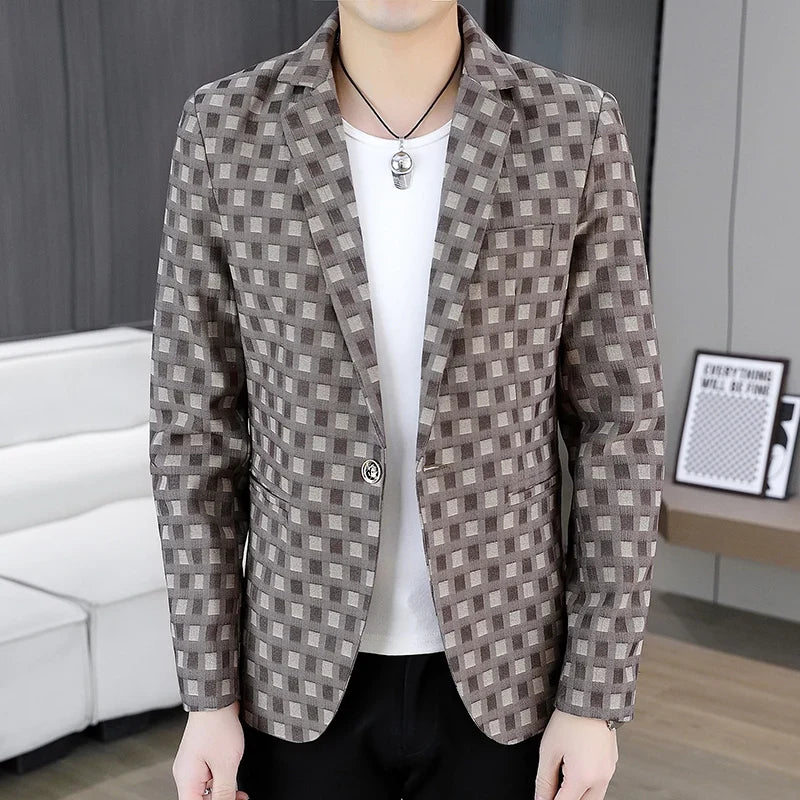 2026 Spring Autumn Men's Suit Jacket Korean Checkered Suit Jackets Slim Fit Fashion Casual Business Formal Blazers Costume Homme