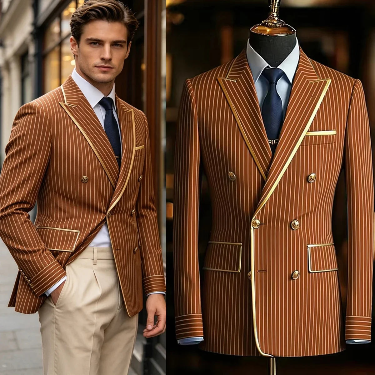 Pinstripe Double Breasted Peak Lapel Mens Suit Jacket Business Slim Fit Gold Trim Striped Coat Formal Wedding Prom Banquet Party