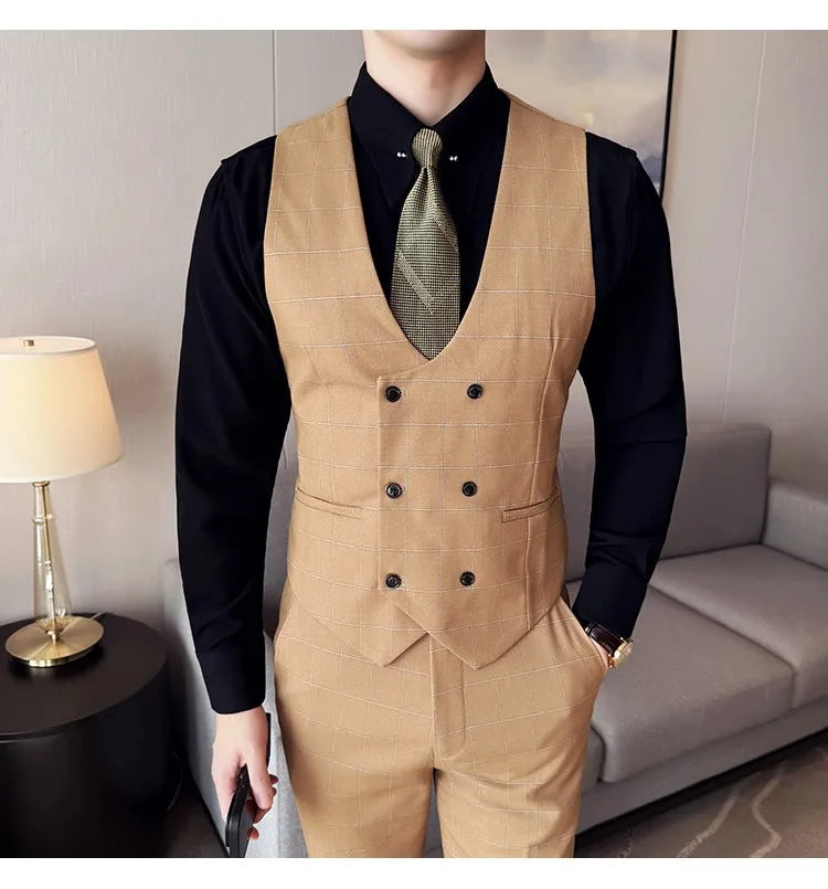 Men's 3-Piece Slim Fit Plaid Suit – Jacket, Vest & Pants for Weddings, Office & Formal Occasions