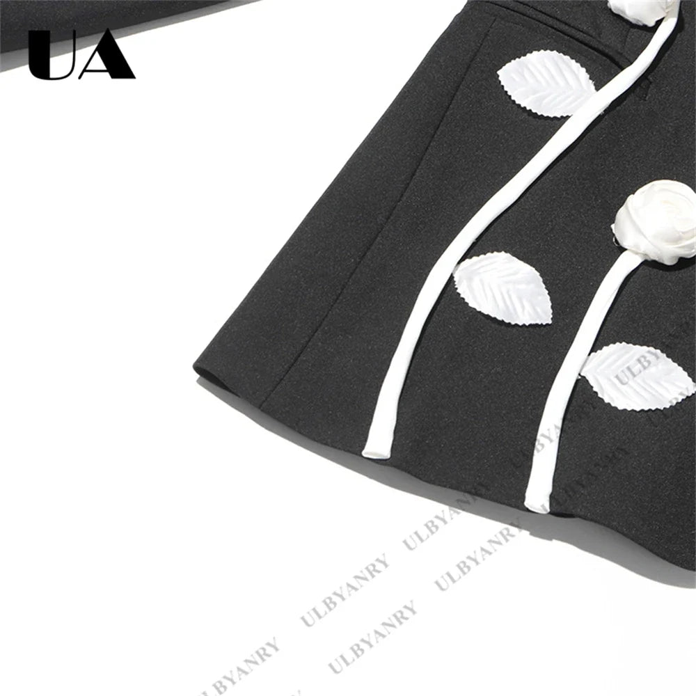 Unique Design Women’s Blazer – Black, 3D White Rose, Long Sleeve, Button Closure, Work Date Jacket Office Casual Jacket