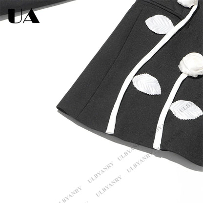 Unique Design Women’s Blazer – Black, 3D White Rose, Long Sleeve, Button Closure, Work Date Jacket Office Casual Jacket
