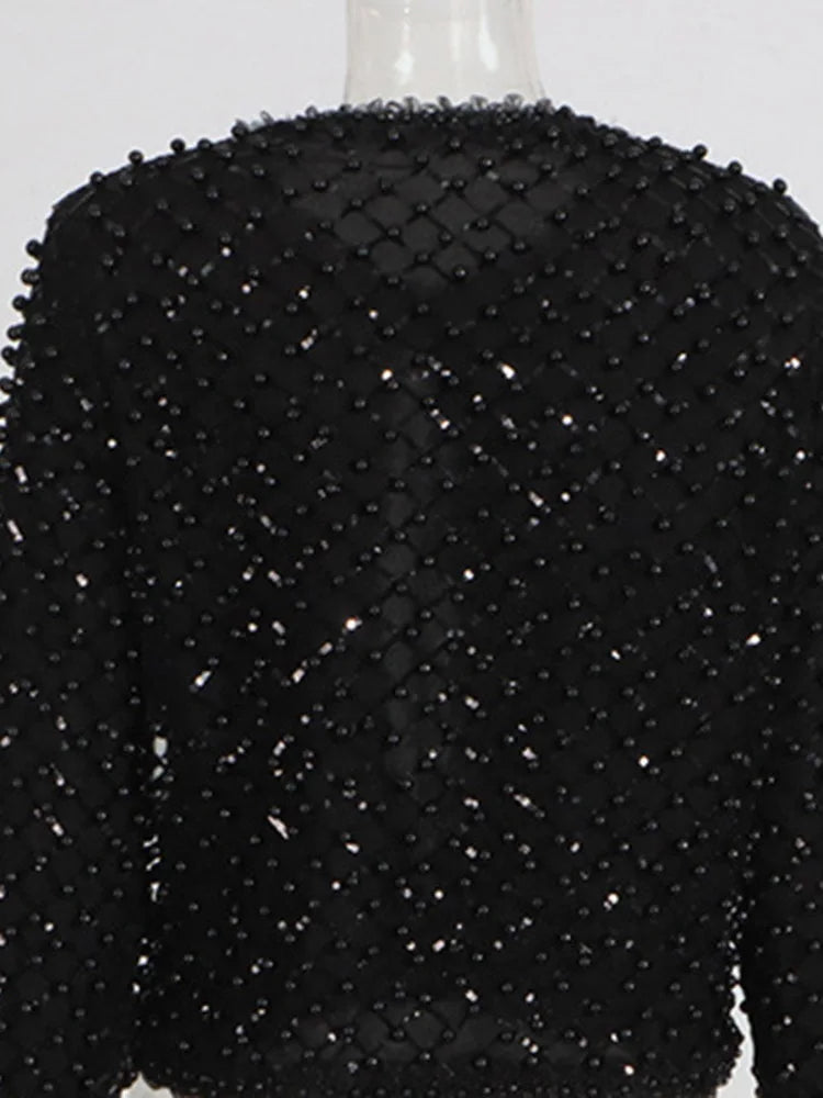 High Street Embroidered Flares Patchwork Mesh Jacket Long-sleeved O-Neck Slim-fit Pearl Jackets 2026 Women Coat 2026 New
