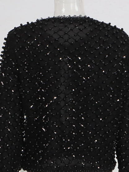 High Street Embroidered Flares Patchwork Mesh Jacket Long-sleeved O-Neck Slim-fit Pearl Jackets 2026 Women Coat 2026 New