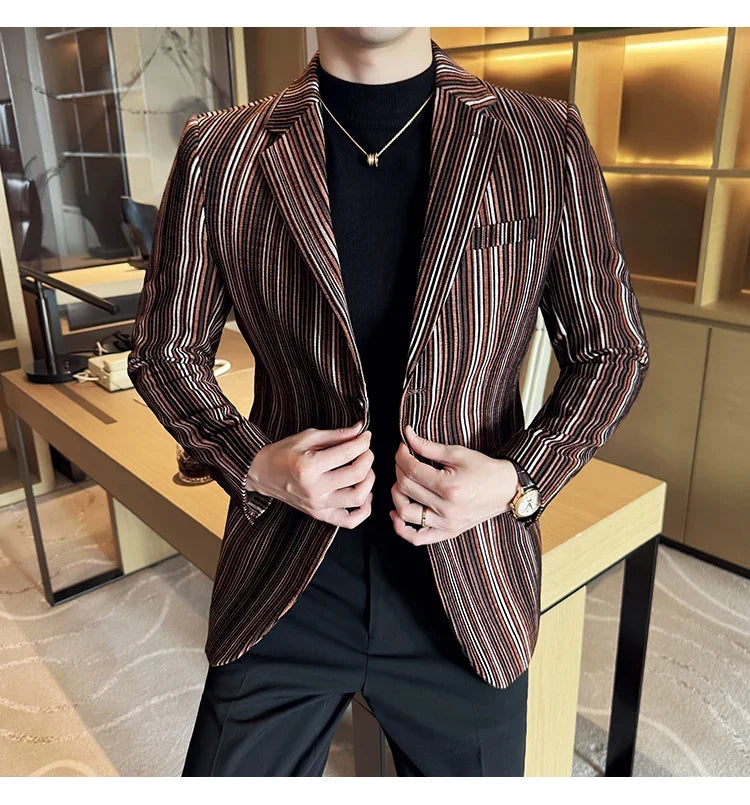 High Quality Plush Striped Fashion casual Suit Jacket Autumn Winter New Men Slim Fit Business Formal Social Prom Party Tuxedos