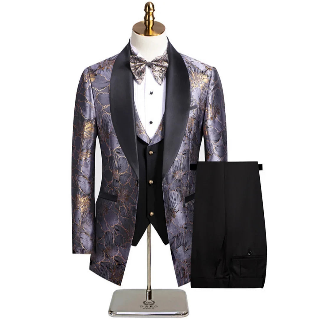 Men Suit 3 Pieces Khaki Floral Pattern Single Button With Lapel For Wedding Banquet Birthday Business Work Jacket Vest Pants