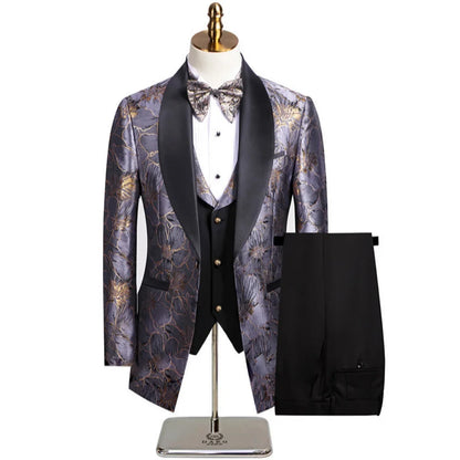 Men Suit 3 Pieces Khaki Floral Pattern Single Button With Lapel For Wedding Banquet Birthday Business Work Jacket Vest Pants