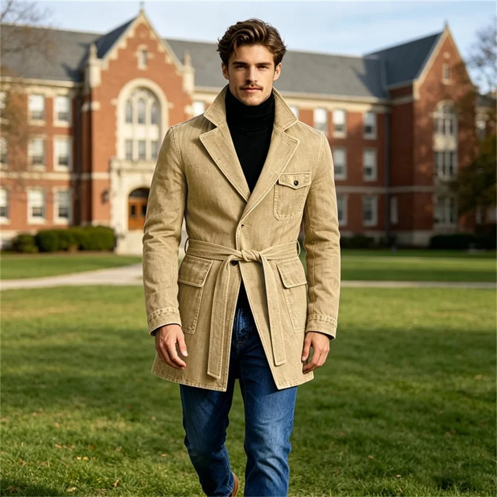 Men's Vintage Mid Length Belted Denim Trench Coat Notched Lapel Casual Workwear Outerwear Stylish Daily Streetwear Jacket