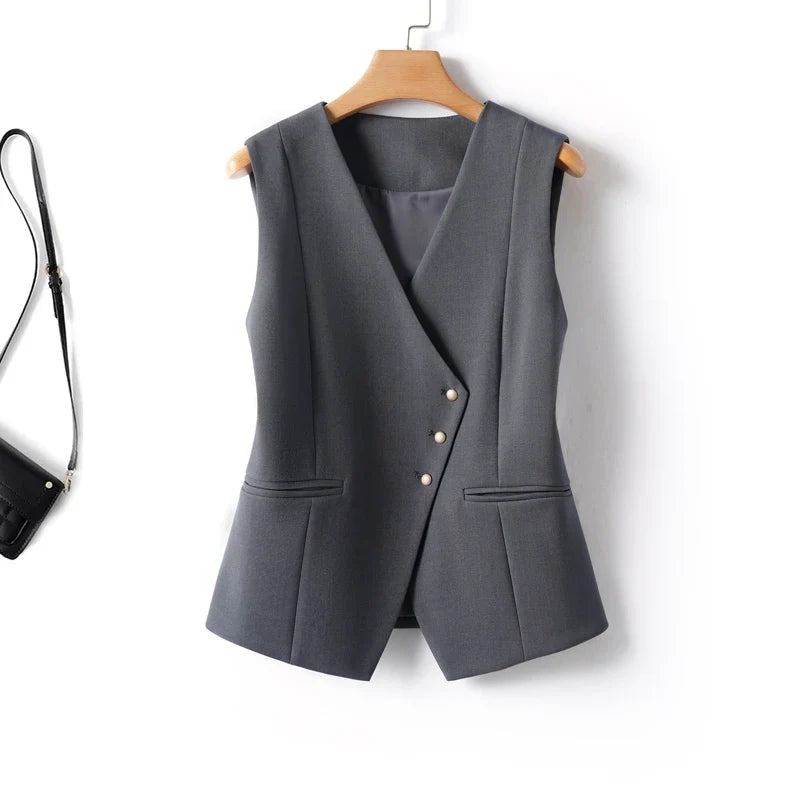 Short V-Neck Suit Vest for Women, Spring and Autumn Slant-Buttoned Top, Perfect for Office Wear and Versatile Vest