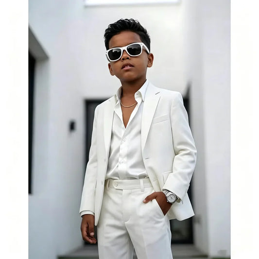 White Boys Single Breasted Two Piece Suit Notched Lapel Blazer with Pants Kids Wedding Page Boy Birthday Party Formal Outfit