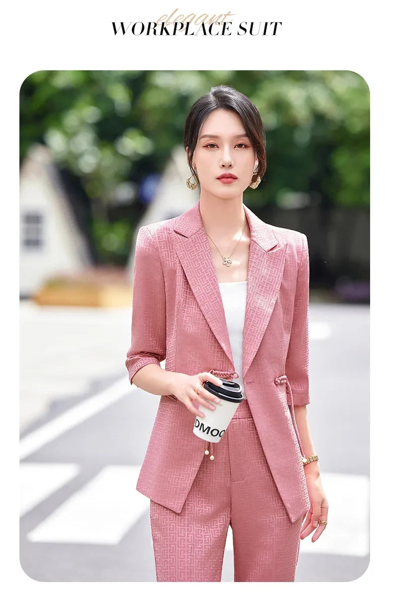Chinese style Spring Summer Women Elegant Office Work Three Quarter Blazer Tops And Flare Pant Fashion Oversize Two Piece Suits