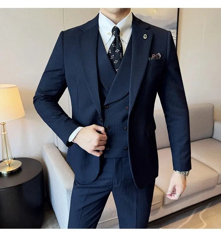 Men's Slim Fit 2-Piece Suit – Striped Single-Breasted Blazer and Trousers for Wedding, Business & Formal Wear