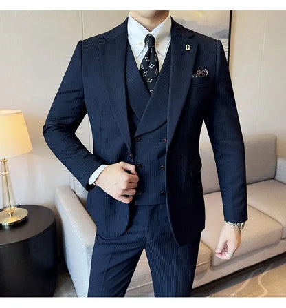 Men's Slim Fit 2-Piece Suit – Striped Single-Breasted Blazer and Trousers for Wedding, Business & Formal Wear
