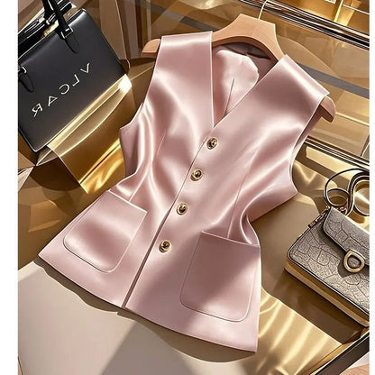 Elegant Pink Satin Waistcoat Vest For Women V‑neck Sleeveless Blazer Vest Pockets Slim Office Business Formal Lady Outerwear Top