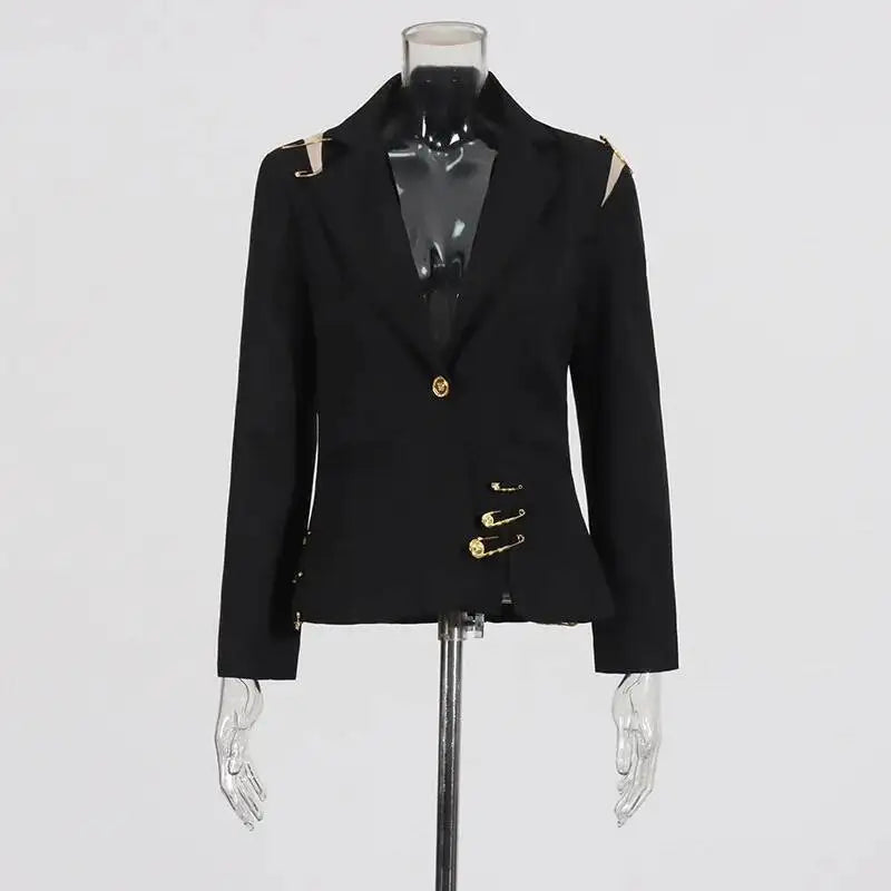 Autumn New Women Chic Blazer Asymmetrical Pin Design Single Button Slim Fit Elegant Fashion Office Lady Stylish Coat HK9876