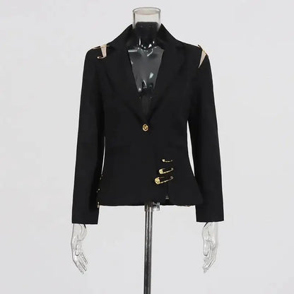 Autumn New Women Chic Blazer Asymmetrical Pin Design Single Button Slim Fit Elegant Fashion Office Lady Stylish Coat HK9876