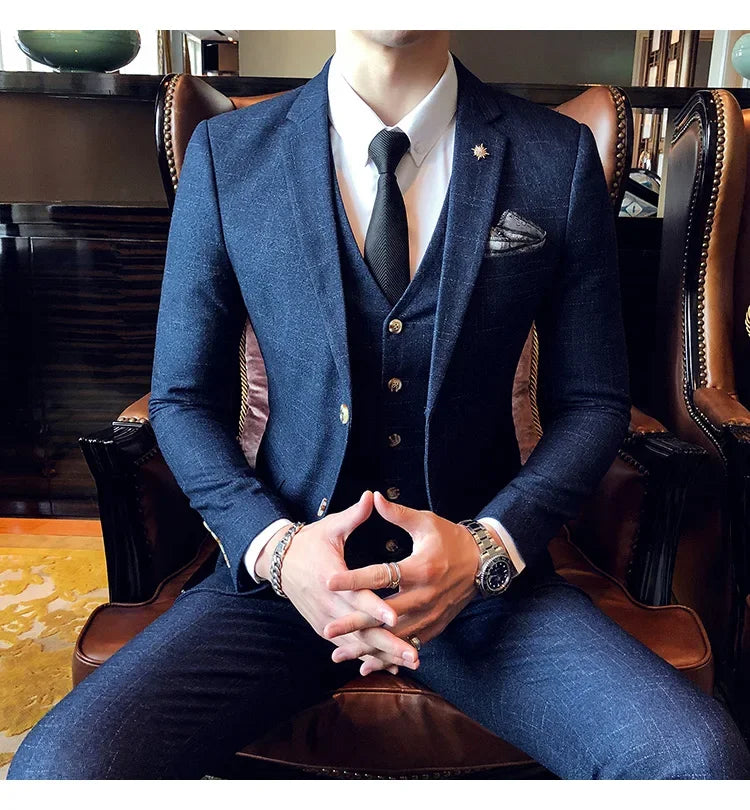Men's 3-Piece Striped Formal Suit – Blazer, Vest & Trousers | Italian Style Business Gentleman
