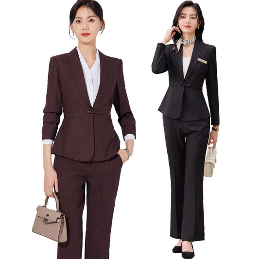 Autumn Winter Temperament Chinese Style Suit 2024 Black Wine Red Long Sleeve Blazer Coat + High Waist Pant Two Piece Set New