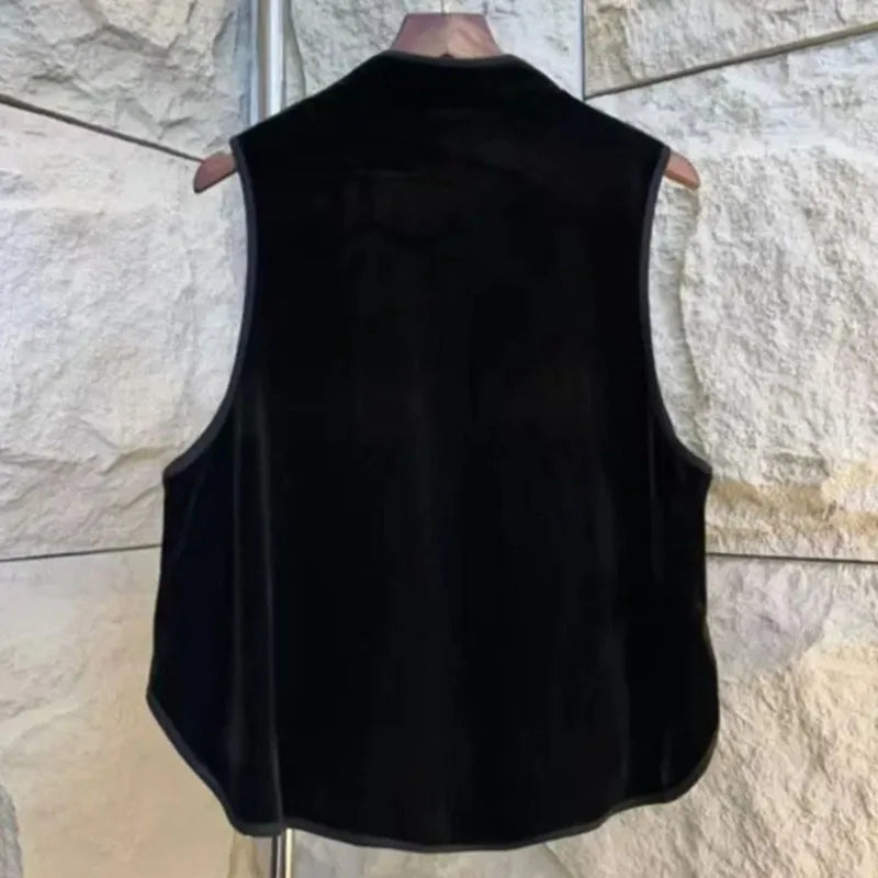 Retro Female New Patchwork Waistcoat Tops Spring Autumn Women High-end Vest Coat Ladies Fashion Casual Velvet Sleeveless Jacket