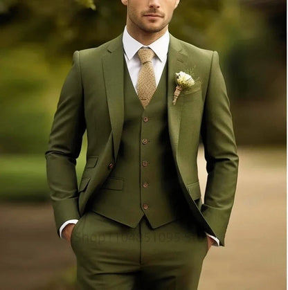 Classic Wedding Tuxedos Solid 3 Pieces Suits Slim Fit Groomsmen Suit Male Formal Business Men Clothing Party(Jacket+Vest+Pants)
