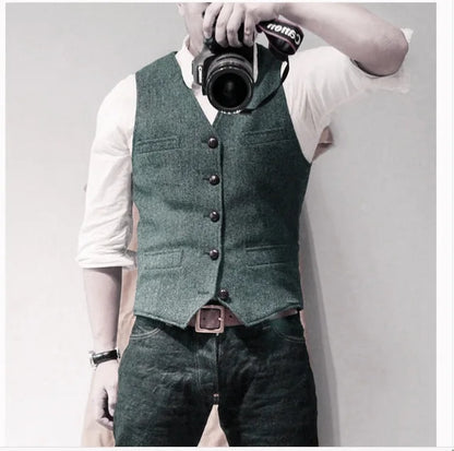 Men's Waistcoat Herringbone Wool Blend V-Neck Single Breasted Vest for Weddings and Smart Casual