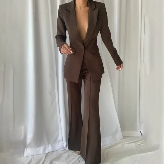 Women Suits Dark Brown 2 Piece Chic Peak Lapel One Button Solid Tuxedo Party Prom Slim Fashion Female Pants Sets (Blazer+Pants)