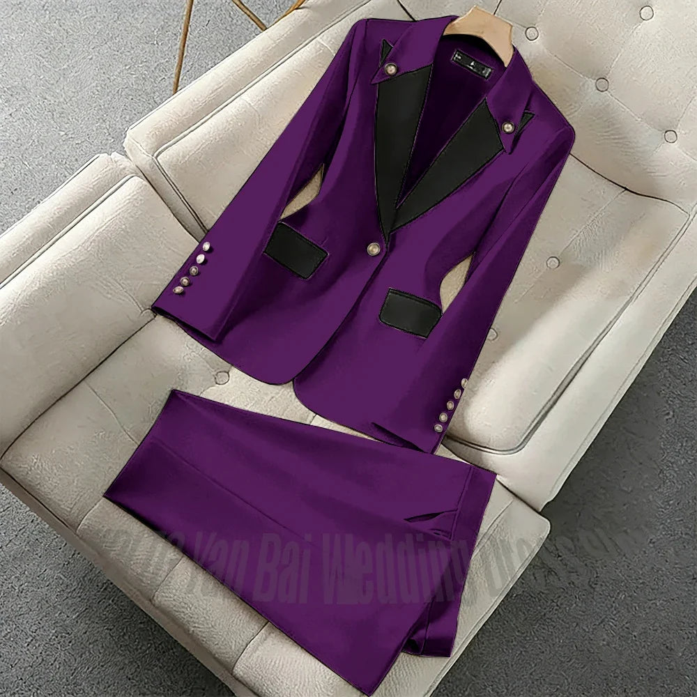 New Unique Women Pant Suit Contrast Color Modern Outfit One-Button Peaked Lapel Casual Fashion Daily Female Clothes Set 2 Piece