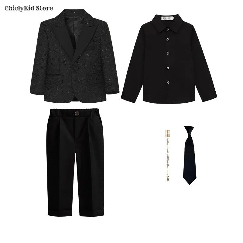 High Quality Boys Shiny Wedding Suits Kids Morning Coat Formal Dress Child Tuxedos Blazer Clothes Sets Toddler School Uniforms