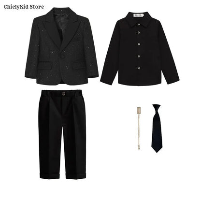 High Quality Boys Shiny Wedding Suits Kids Morning Coat Formal Dress Child Tuxedos Blazer Clothes Sets Toddler School Uniforms