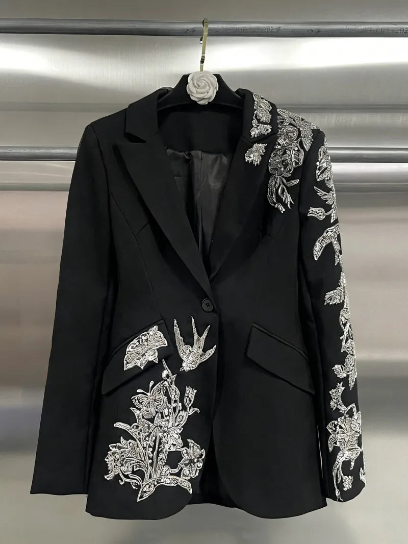 Elegant Black Suit Jacket Women Fashion Beaded Embroidery Designer Single Button New Office Ladies Banquet Luxury Blazers Coat