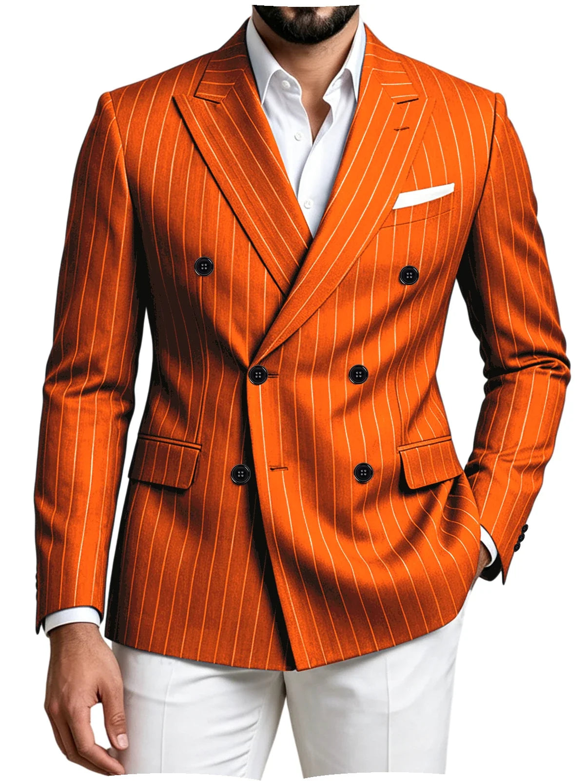 Men Striped Double Breasted Suit Jacket Notch Lapel Business Slim Fit Formal Blazer Elegant Lightweight Dress Coat For Prom Work