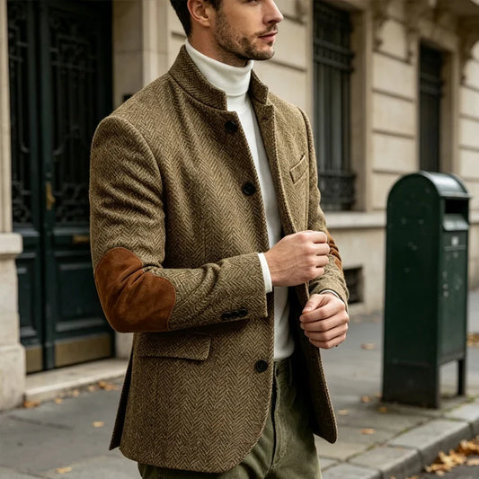 Men's Herringbone Tweed Blazer – Wool Blend Stand Collar Suede Elbow Patch Jacket for Business & Casual Occasions