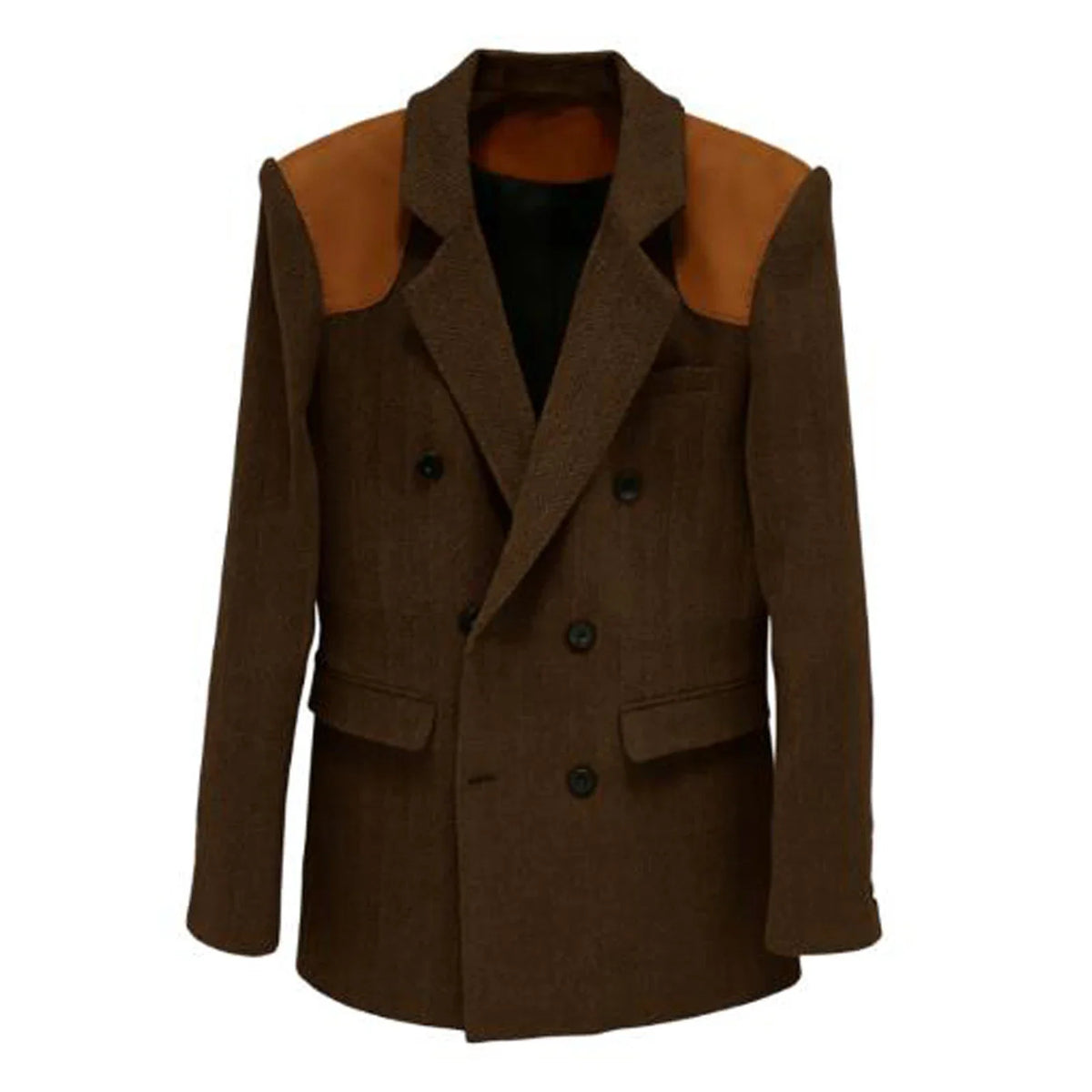 Men's Vintage Herringbone Blazer Contrast Shoulder Patches Double Breasted Wool Blend Suit Jacket Slim Fit Casual Business Coat