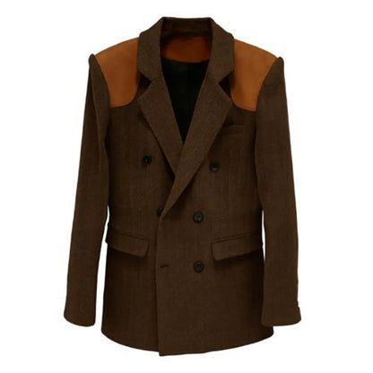 Men's Vintage Herringbone Blazer Contrast Shoulder Patches Double Breasted Wool Blend Suit Jacket Slim Fit Casual Business Coat