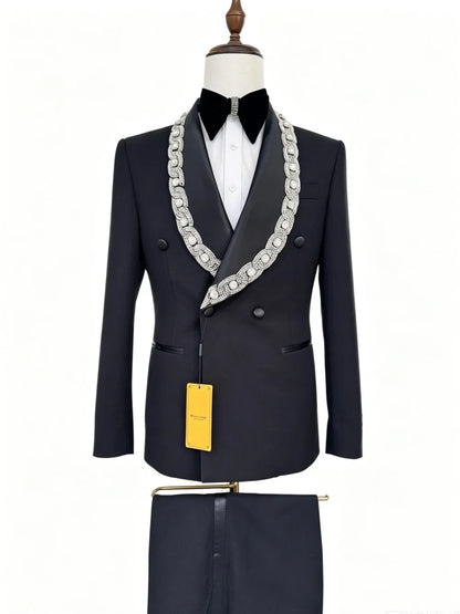 Exquisite Beaded Men's Suits 2 Pieces Wedding Groom Sets Handsome Slit Fit Tuxedo Host Costumes Elegant Suit Set For Performance