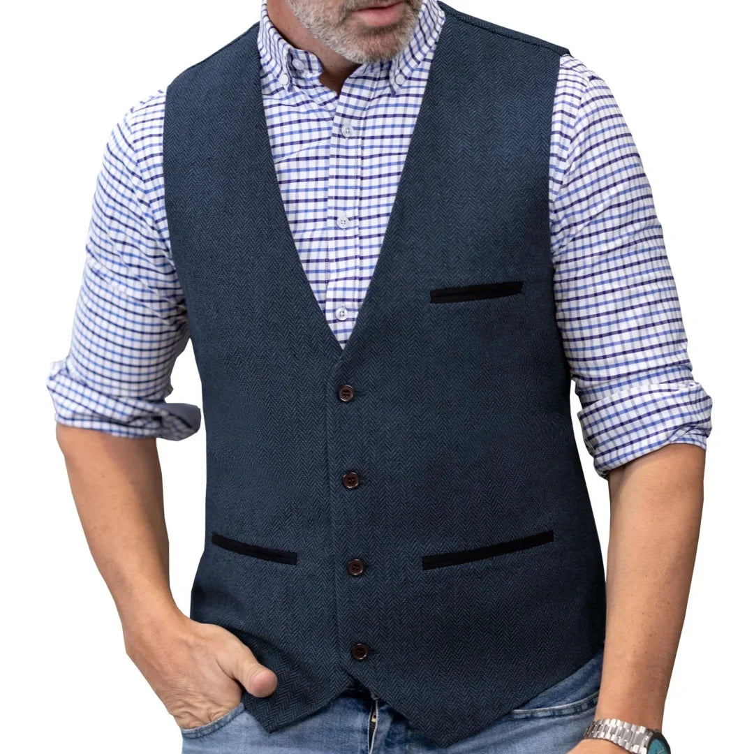 Men's Herringbone Tweed Vest Single Button V-Neck Waistcoat for Weddings and Formal Occasions