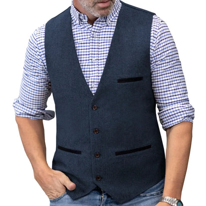 Men's Herringbone Tweed Vest Single Button V-Neck Waistcoat for Weddings and Formal Occasions