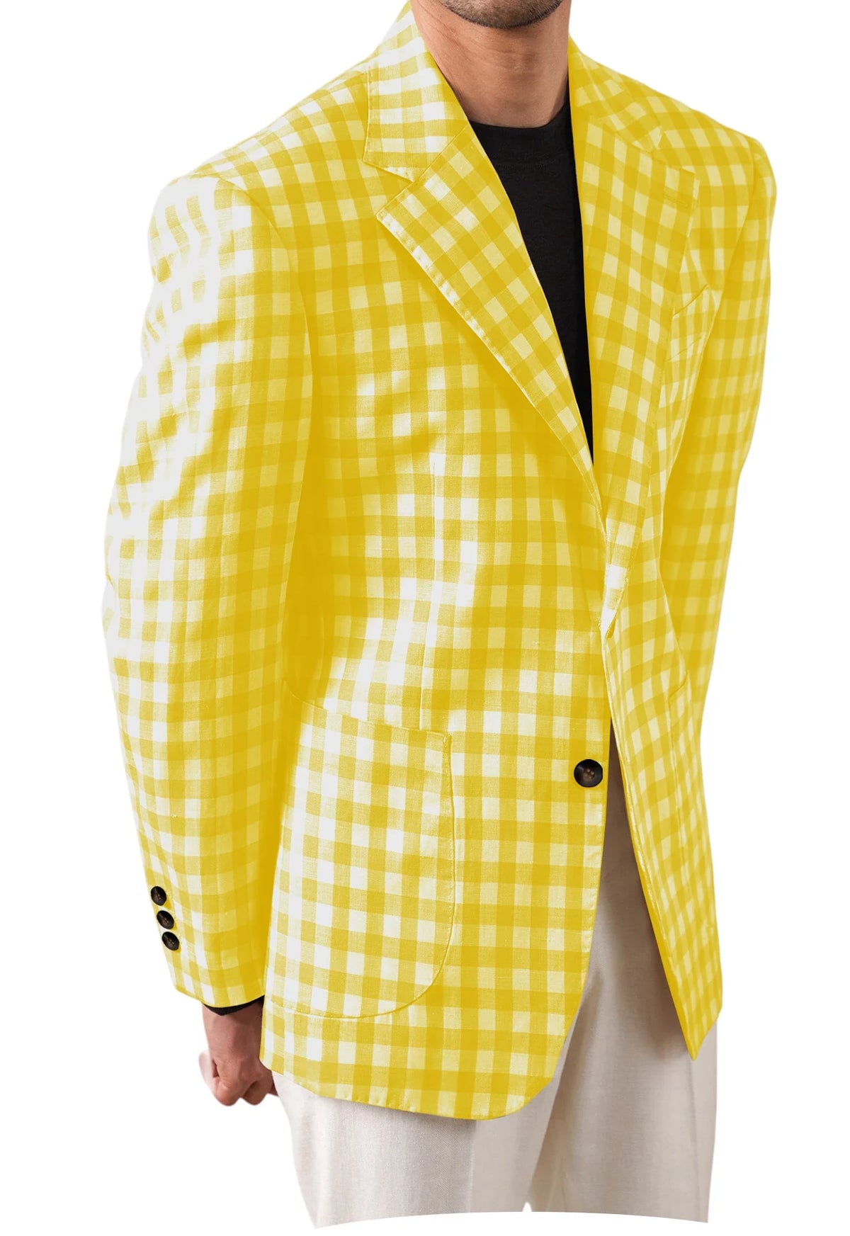 Men's Checkered Cotton Blazer Notched Lapel Single-Breasted Casual Business Summer Sport Coat with Patch Pockets